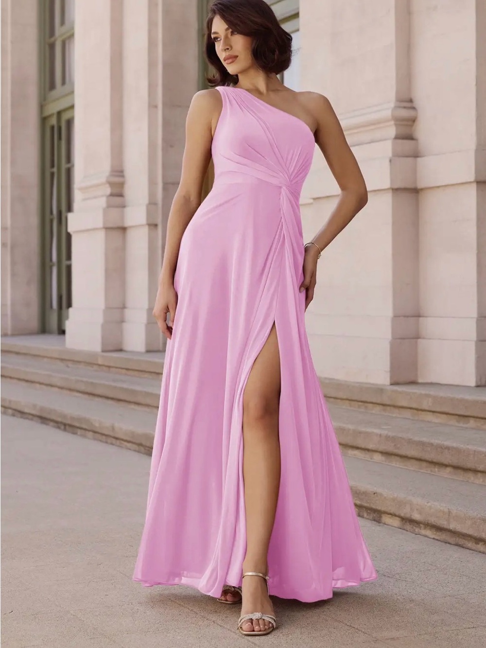 Azazie One-Shoulder Light Pink Ruched Evening Gown with Side Slit